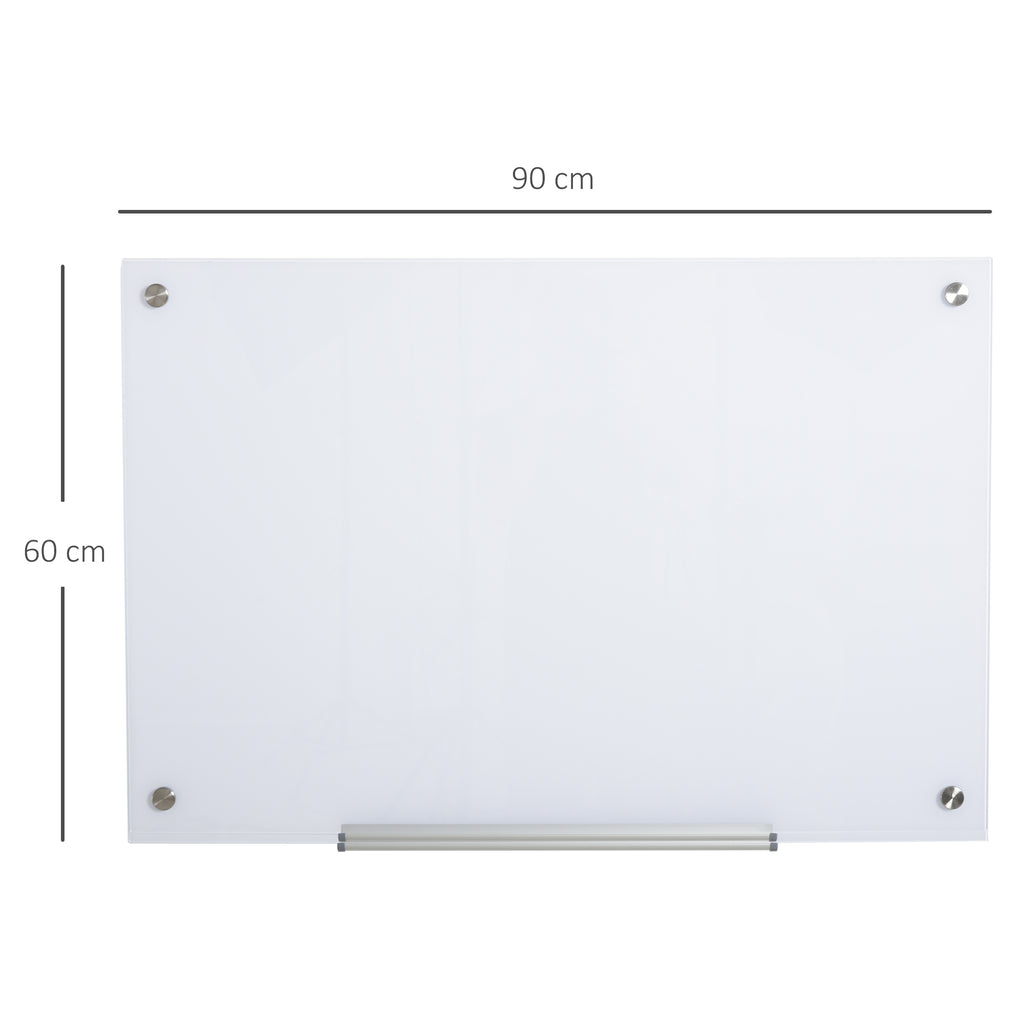 Placa de vidro magnético com bandeja Quadro de parede sem moldura Inclui 4 marcadores e borracha 90x60x0,45 cm Branco