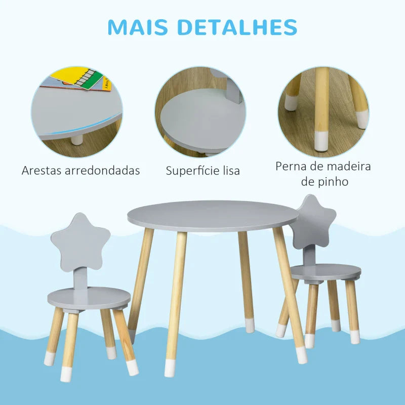 Conjunto de Mesa e 2 Cadeiras de Madeira para Crianças com Mesa Redonda Ø59x50cm e Cadeiras Ø28x51 Mobiliário Infantil para Sala de Jogos Quarto Cinza e Madeira