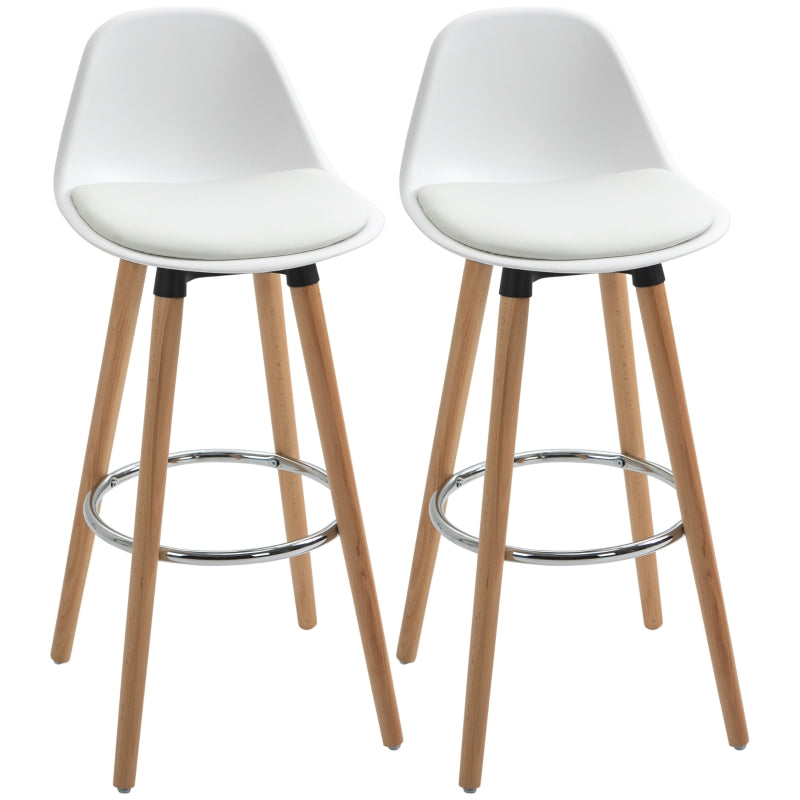 Conjunto de 2 Bancos de Bar Estofado em PU Bancos Altos de Cozinha com Assento de 69 cm e Pés de Madeira para Cozinha Sala de Jantar 38,5x42,5x91cm Branco