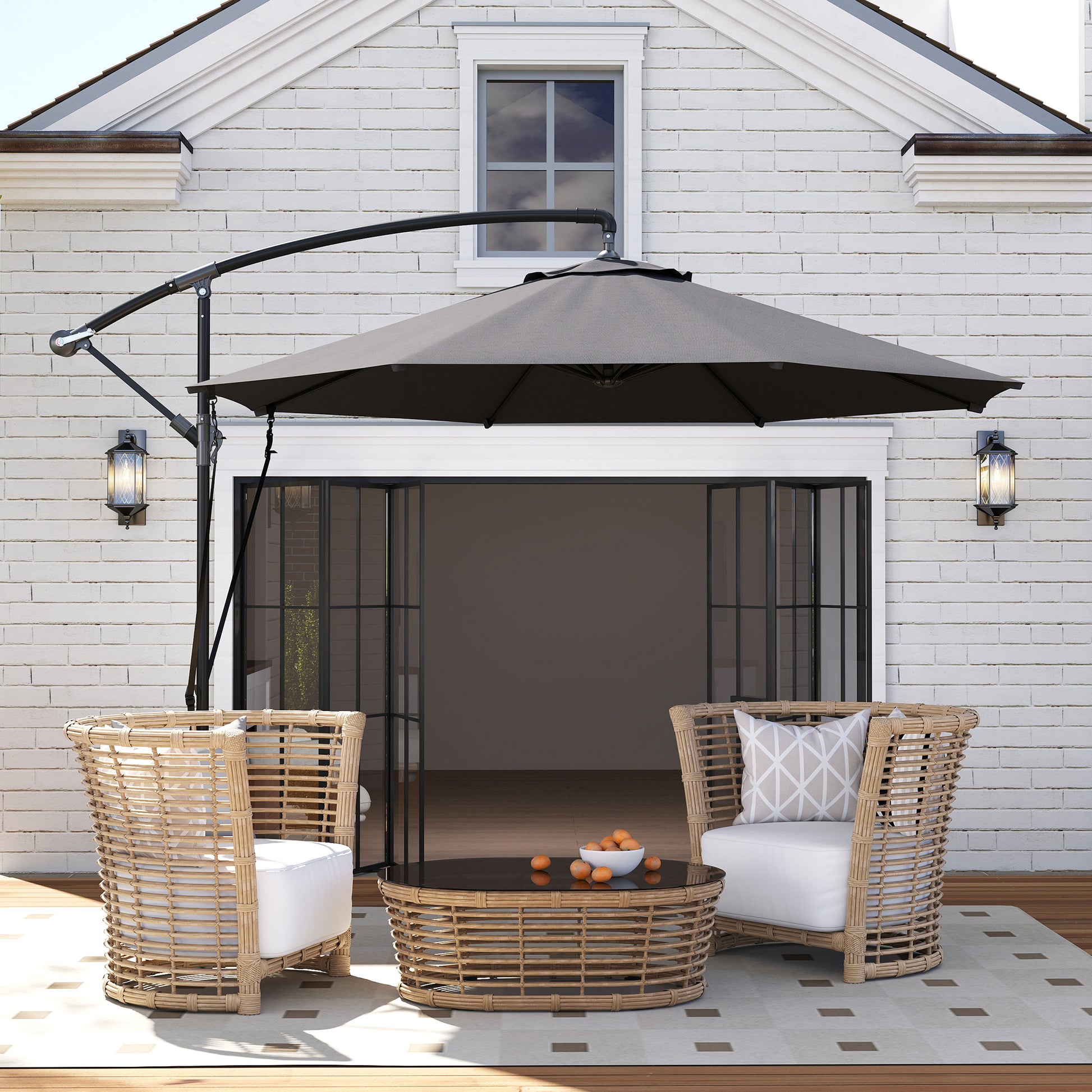 Chapéu de Sol Excêntrico Ø 290 cm Chapéu de Sol de Jardim com Base Cruzada Manivela Capa de Proteção e Corda de Vento Anti UV 50+ Chapéu de Sol para Varanda Cinzento