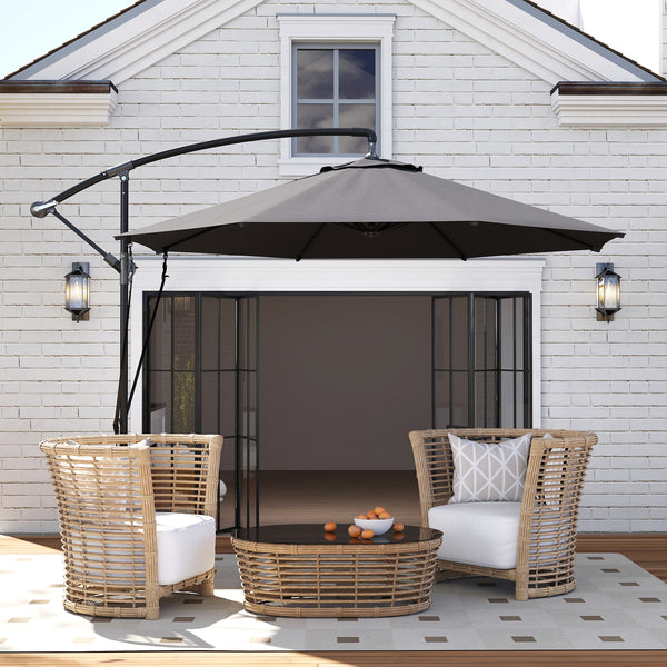 Chapéu de Sol Excêntrico Ø 290 cm Chapéu de Sol de Jardim com Base Cruzada Manivela Capa de Proteção e Corda de Vento Anti UV 50+ Chapéu de Sol para Varanda Cinzento