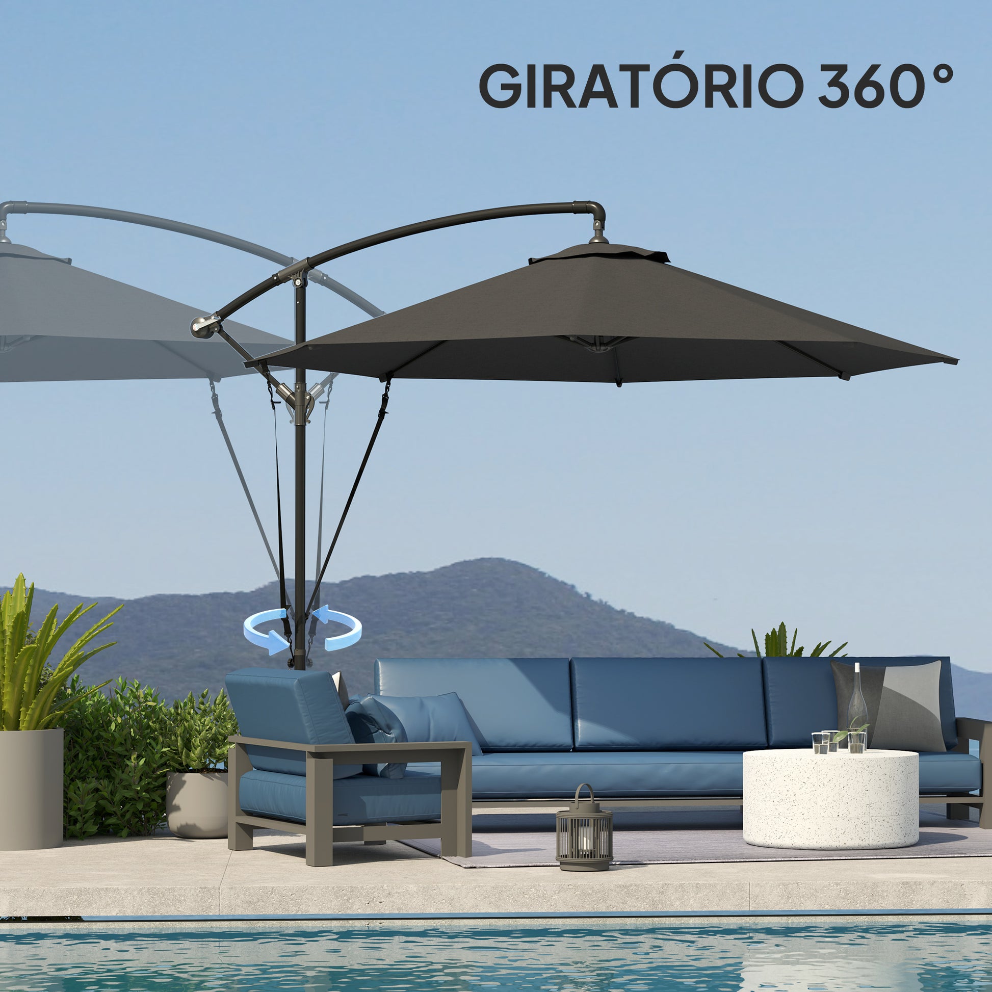 Chapéu de Sol Excêntrico Ø 290 cm Chapéu de Sol de Jardim com Base Cruzada Manivela Capa de Proteção e Corda de Vento Anti UV 50+ Chapéu de Sol para Varanda Cinzento