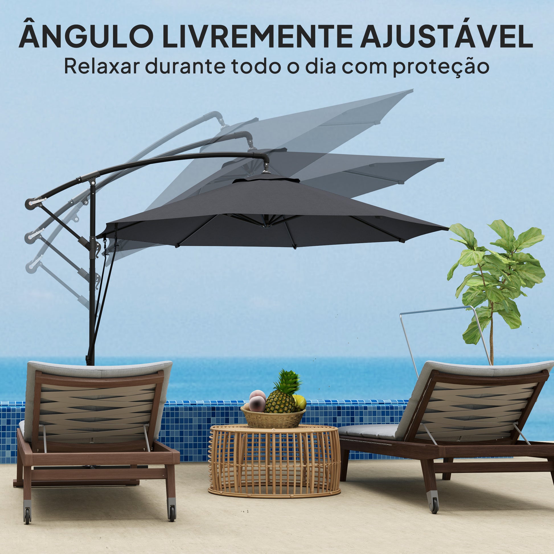 Chapéu de Sol Excêntrico Ø 290 cm Chapéu de Sol de Jardim com Base Cruzada Manivela Capa de Proteção e Corda de Vento Anti UV 50+ Chapéu de Sol para Varanda Cinzento