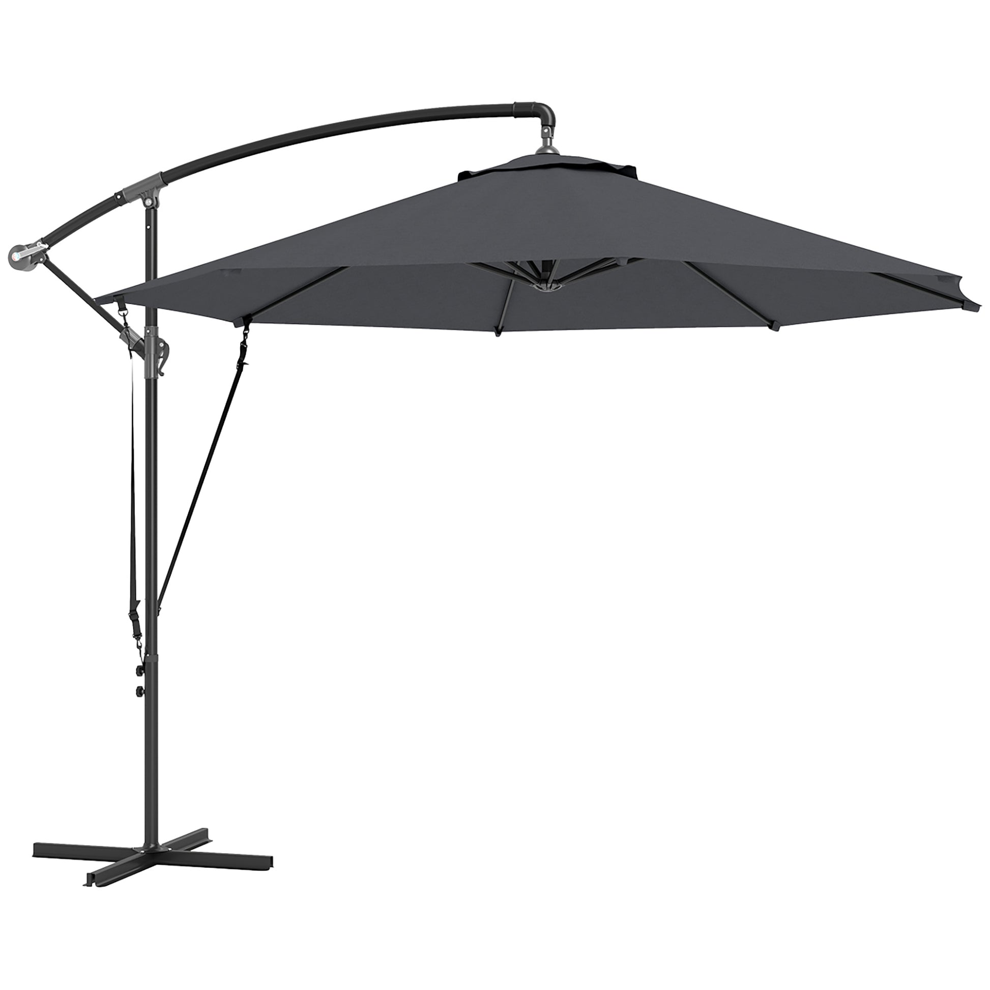 Chapéu de Sol Excêntrico Ø 290 cm Chapéu de Sol de Jardim com Base Cruzada Manivela Capa de Proteção e Corda de Vento Anti UV 50+ Chapéu de Sol para Varanda Cinzento