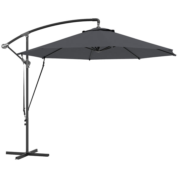 Chapéu de Sol Excêntrico Ø 290 cm Chapéu de Sol de Jardim com Base Cruzada Manivela Capa de Proteção e Corda de Vento Anti UV 50+ Chapéu de Sol para Varanda Cinzento
