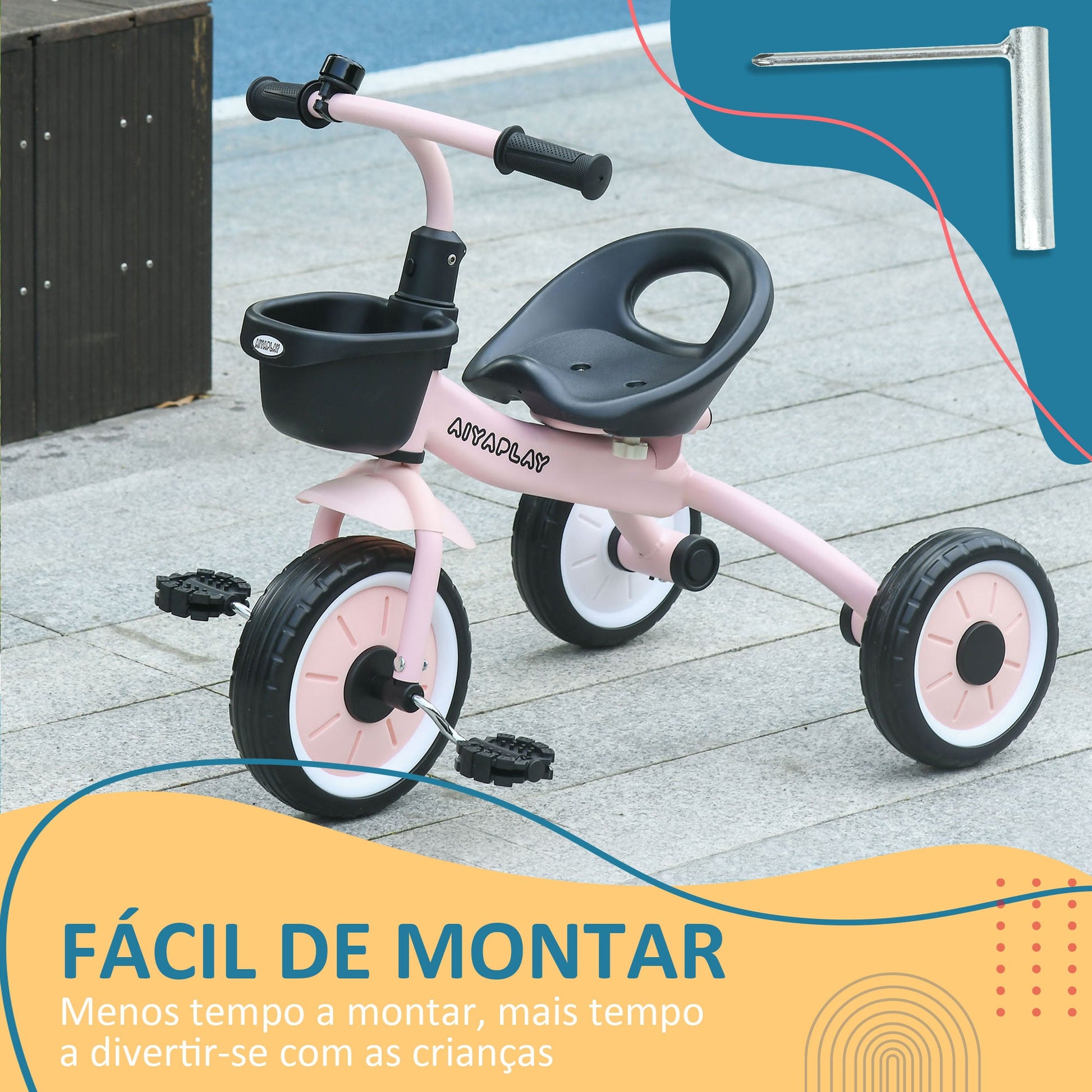 AIYAPLAY Triciclo para Crianças de 2 a 5 anos Triciclo Infantil com Assento Ajustável Cesta Buzina e Pedais e 3 Rodas Carga Máxima 25 kg 70,5x53x58 cm Rosa