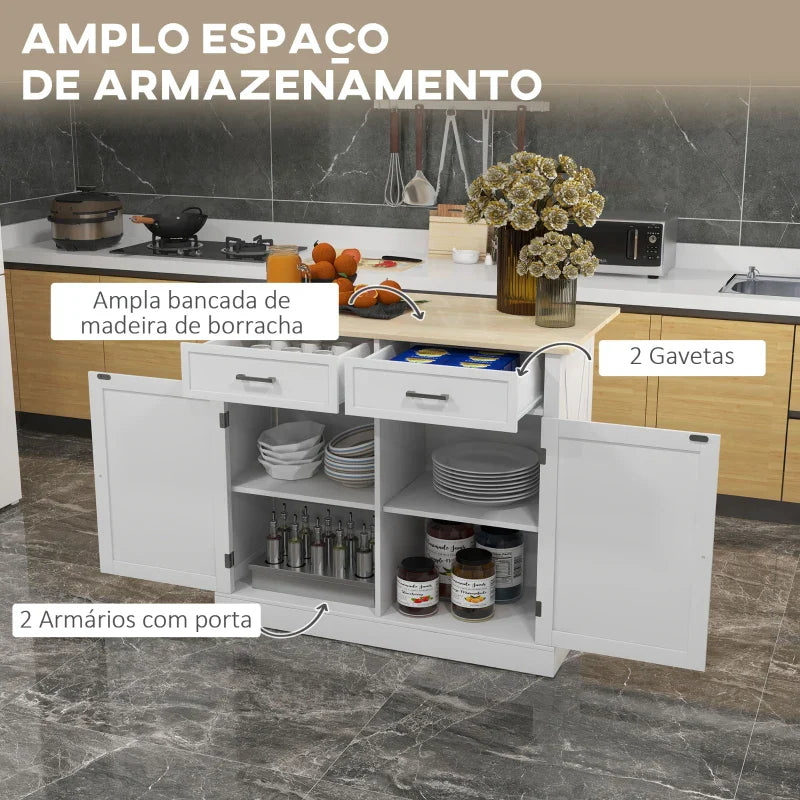 Ilha de Cozinha Carrinho de Cozinha com Bancada de Madeira Dobrável 2 Portas 2 Gavetas Prateleira Ajustável e 4 Rodas 10x60x90,5 cm Branco e Madeira