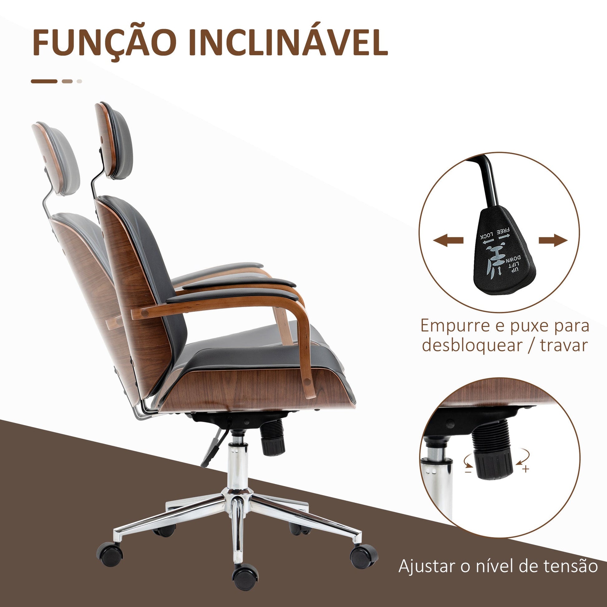 Cadeira de Escritório Operativa de Couro PU com Apoio para a Cabeça Amovível Altura Ajustável 63x62x110-120cm Preto e Madeira