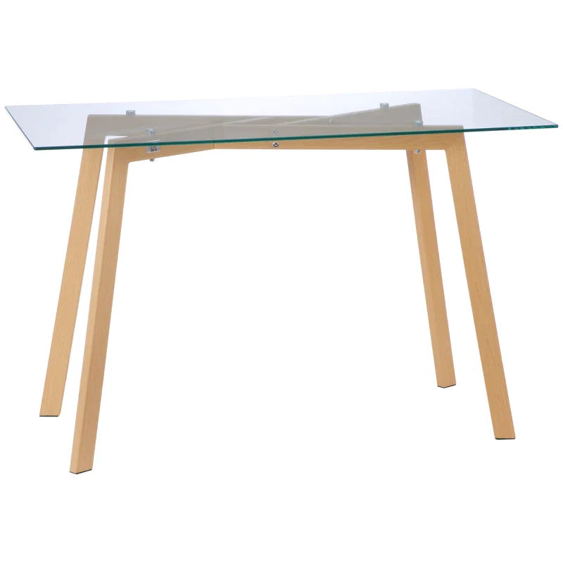 Mesa de Jantar para 4 Pessoas Mesa de Cozinha Moderna com Bancada de Vidro Temperado e Pés de Aço com Efeito de Madeira para Sala de Jantar 120x60x76cm Transparente e Madeira