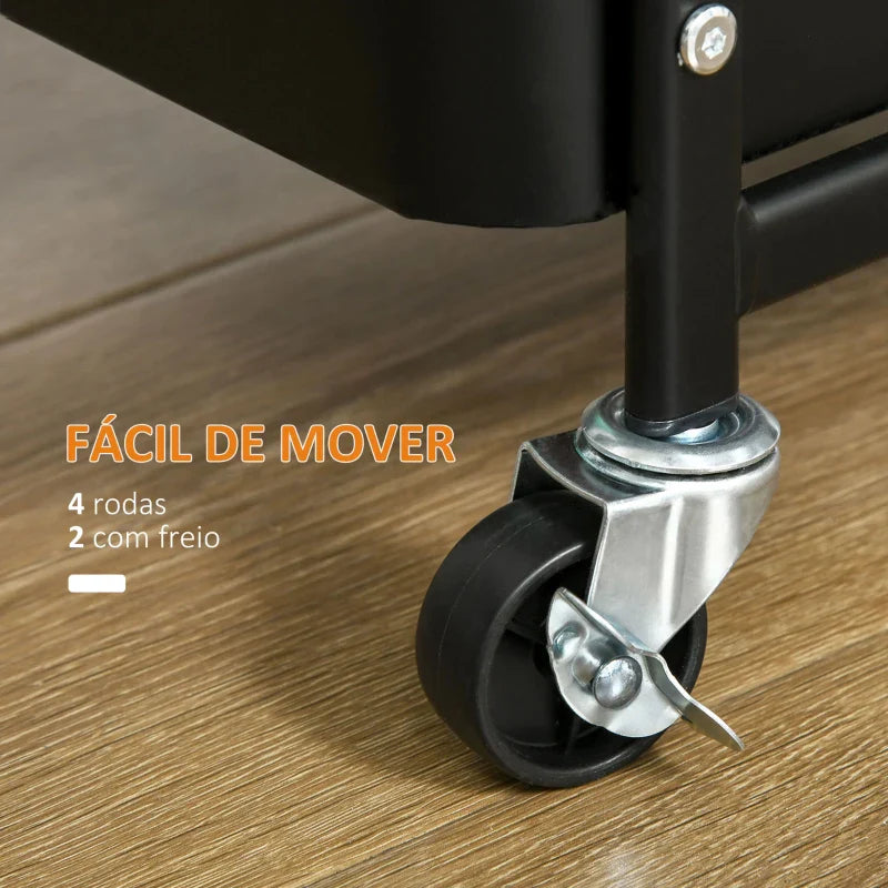 Carrinho de Cozinha com Rodas Carrinho de Armazenamento de 3 Níveis com 4 Ganchos 2 Cestas Alça de Transporte e Rodas com Freio para Casa de Banho Escritório Dormitório 51,5x32x75,6cm Preto