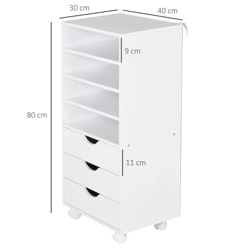 Móveis auxiliares para escritório Estudo Grande espaço de armazenamento com 3 gavetas 4 prateleiras abertas 4 rodas 40x30x83 cm Branco