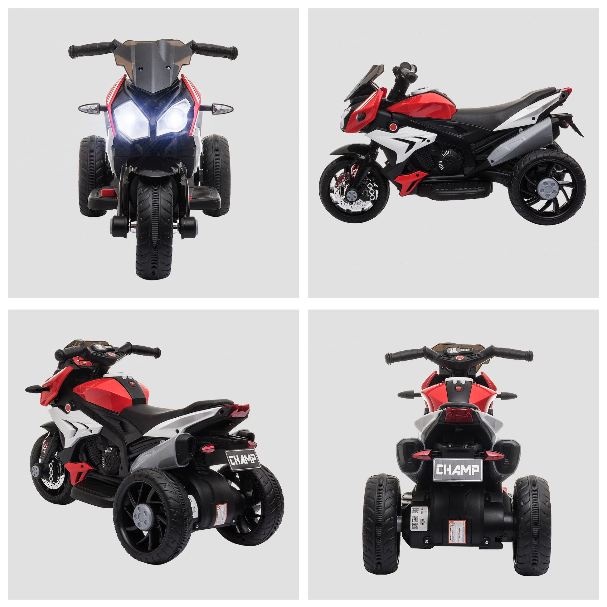 Motocicleta Elétrica Infantil com 3 Rodas Triciclo para Crianças acima de 3 anos com Bateria 6V Recarregável Funções de Música Buzina Faróis 86x42x52cm Preto e Vermelho