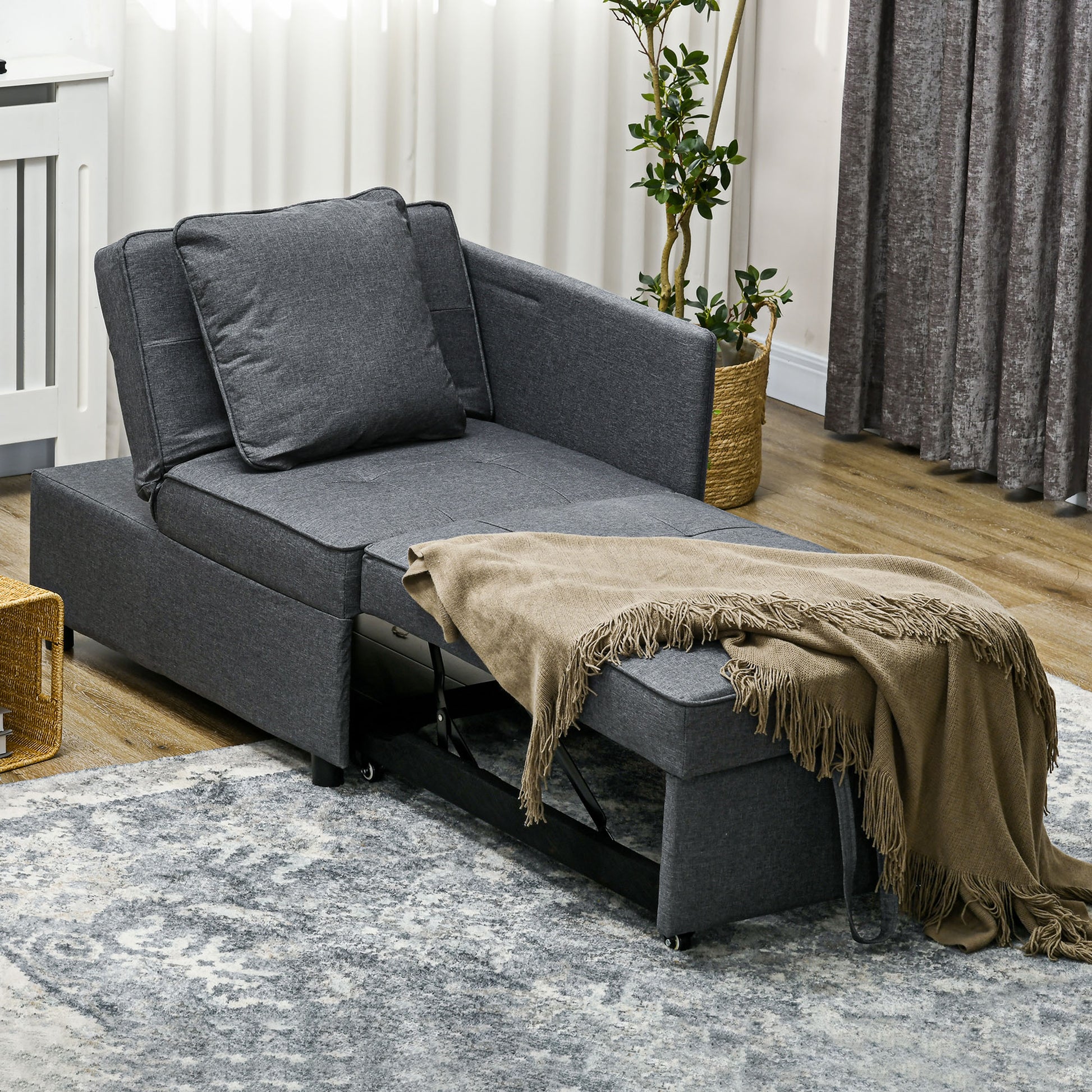 Sofá Cama 3 em 1 Sofá de 2 Lugares com Encosto Ajustável Sofá Cama Individual com Almofadas para Dormitório Sala de Estar 65x98x69 cm Cinzento