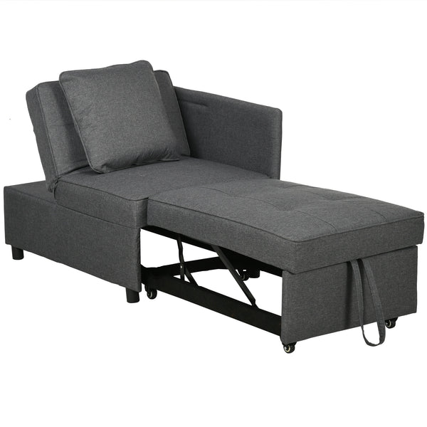 Sofá Cama 3 em 1 Sofá de 2 Lugares com Encosto Ajustável Sofá Cama Individual com Almofadas para Dormitório Sala de Estar 65x98x69 cm Cinzento