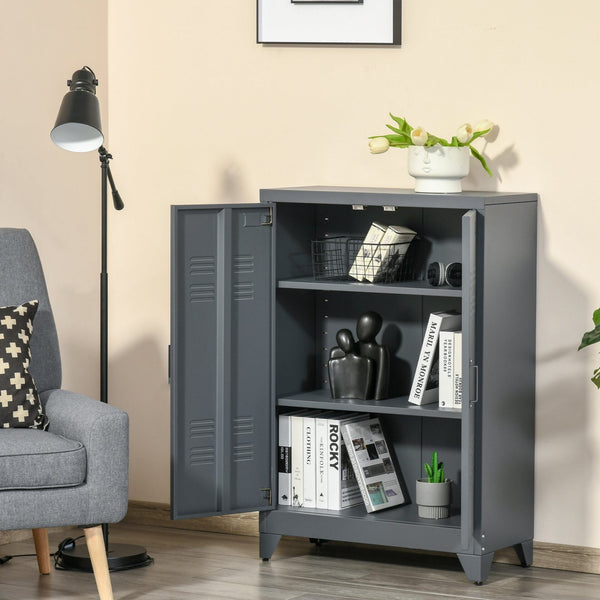 Armário de Metal de Armazenamento com Dupla Porta 2 Prateleiras com Altura Ajustável Armário Multiúso para Escritório Dormitório Garagem 75x33x110cm Cinza