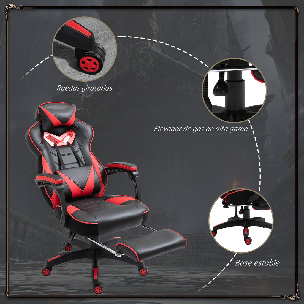 Cadeira de escritorio gaming ergonômica Altura ajustável Reclinável Encosto com apoio para pés Encosto de cabeça Almofada lombar Rodas 65x70x118,5-126,5 cm Vermelho e Preto