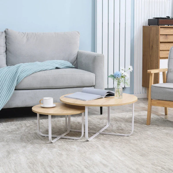 Conjunto de 2 Mesas de Centro Ø65x32cm e Ø45x26cm Mesas de Sala de Estar Redondas com Bancada de Madeira e Pés de Metal para Dormitório Madeira e Branco