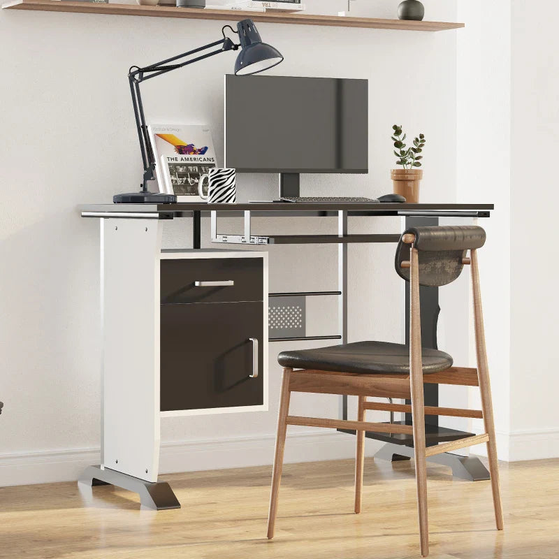 Mesa para Computador com Gaveta Armário e Suporte para CPU Secretária para Escritório Estúdio Dormitório 100x52x75cm Preto e Branco