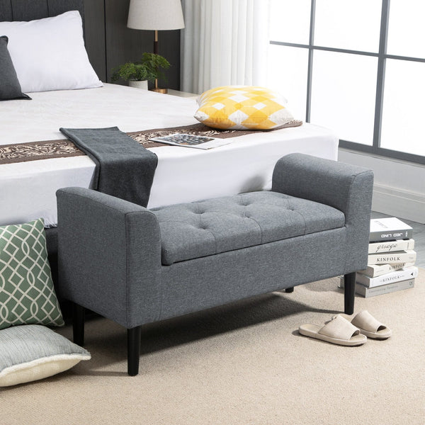 Banco para Pé de Cama Acolchoado com Espaço de Armazenamento Banco Multifuncional com Braços Tampa e Pés de Madeira para Dormitórios Sala de Estar 116x44x58 cm Cinza