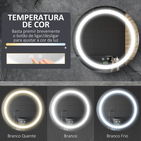Espelho Casa de Banho com Luz LED Ø50x4,6cm Espelho Redondo de Parede com Interruptor Tátil 3 Luzes Ajustáveis Função de Memória e Anti-Embaciamento Estrutura de Alumínio Prata
