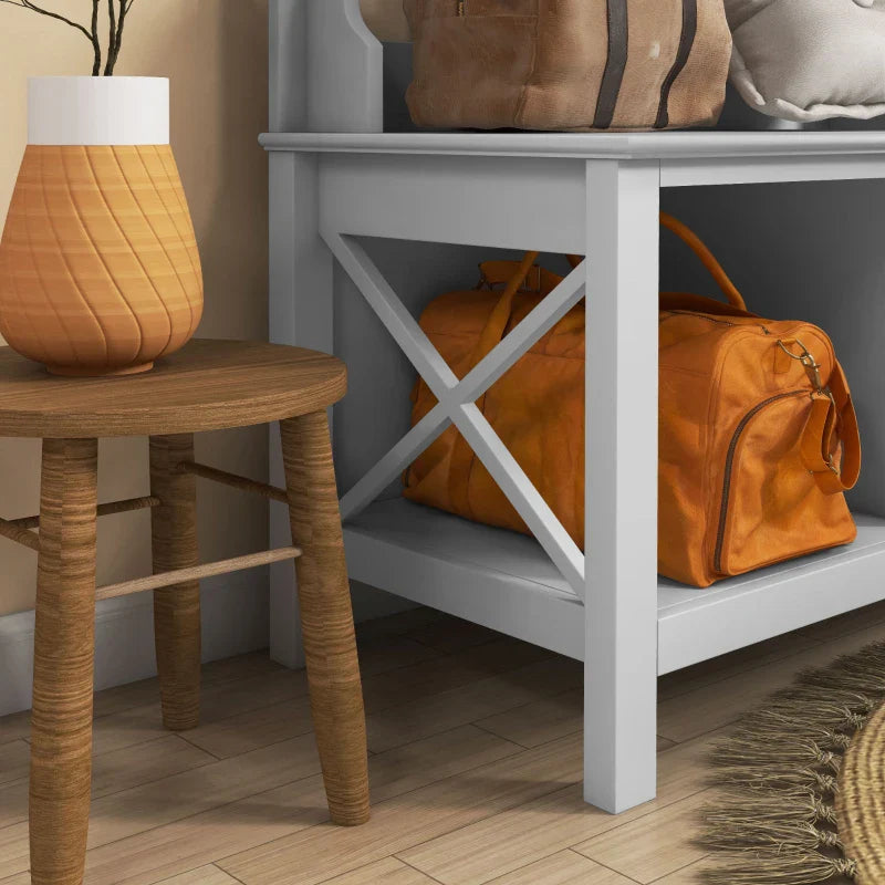 Móvel Cabide de Entrada de Madeira Móvel de Entrada com Banco 2 Prateleiras e 3 Ganchos para Pendurar Roupa Bolsas para Corredor Entrada 80,5x40x168 cm Branco
