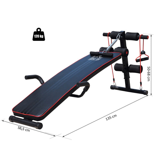 Banco de Abdominais com Altura Ajustável Banco de Musculação para Treinos de Abdomen Costas Pernas com 2 Cordas e 1 Puxador de Mola Carga Máxima 120 kg 55,5x137,5x68 cm Preto e Vermelho