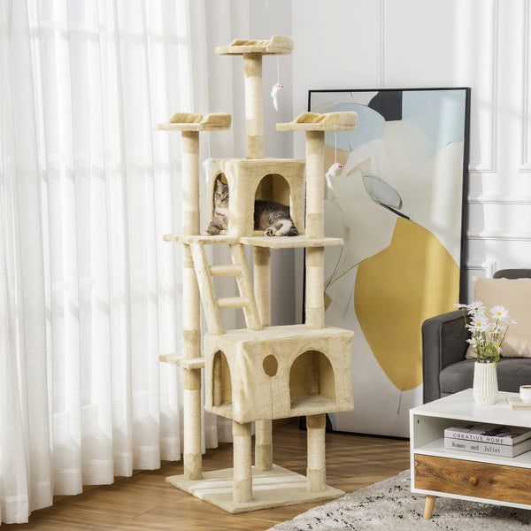 PawHut Arranhador para Gatos Grande 60x50x181 cm Arranhador para Gatos com Poste de Sisal Múltiplas Plataformas Escada Caverna Brinquedos Bege
