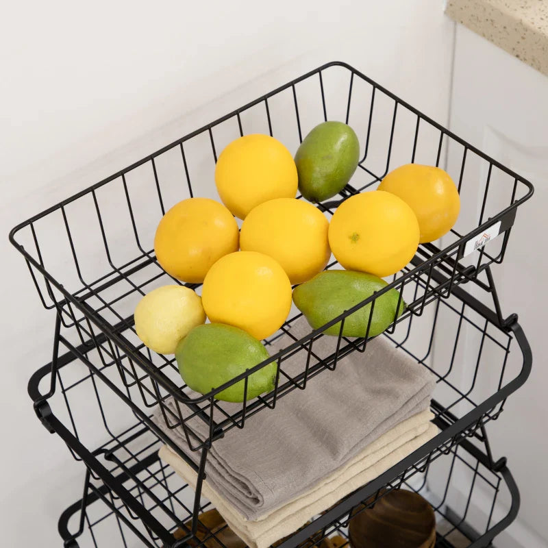 Fruteira Cesto para Frutas de 4 Níveis com Rodas Carrinho de Armazenamento de Aço Empilhável para Cozinha Sala de Jantar Escritório 40x28x97cm Preto
