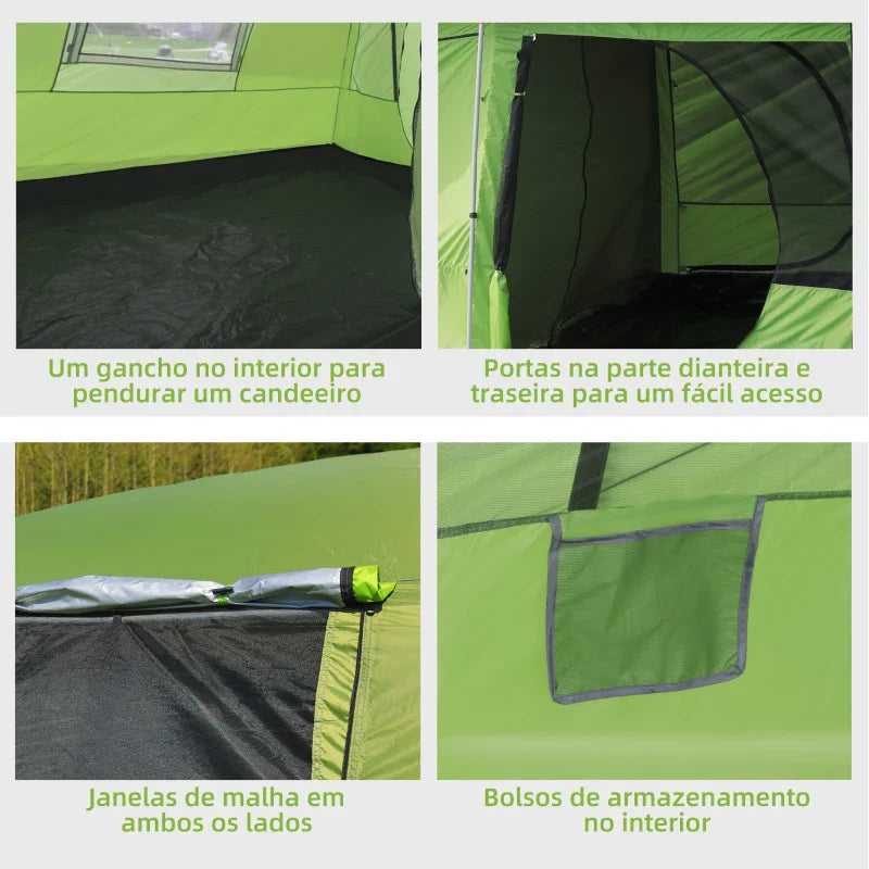 Tenda de Campismo Familiar para 4 Pessoas Tenda de Campismo Portátil Impermeável com Bolsa de Transporte Rede Mosquiteira e Proteção Solar 410x-310x225cm Verde