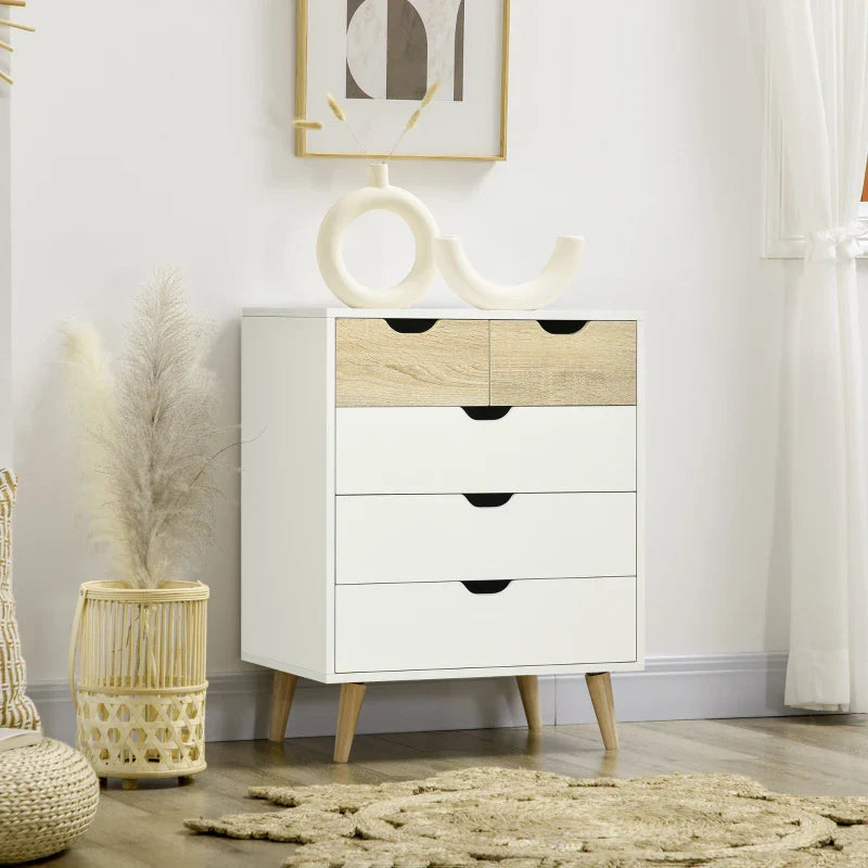 Cómoda com 5 Gavetas e Pés Elevados Cómoda para Dormitório Sala de Estar Estilo Moderno Anti-Tombo 60x40x77,5cm Madeira e Branco