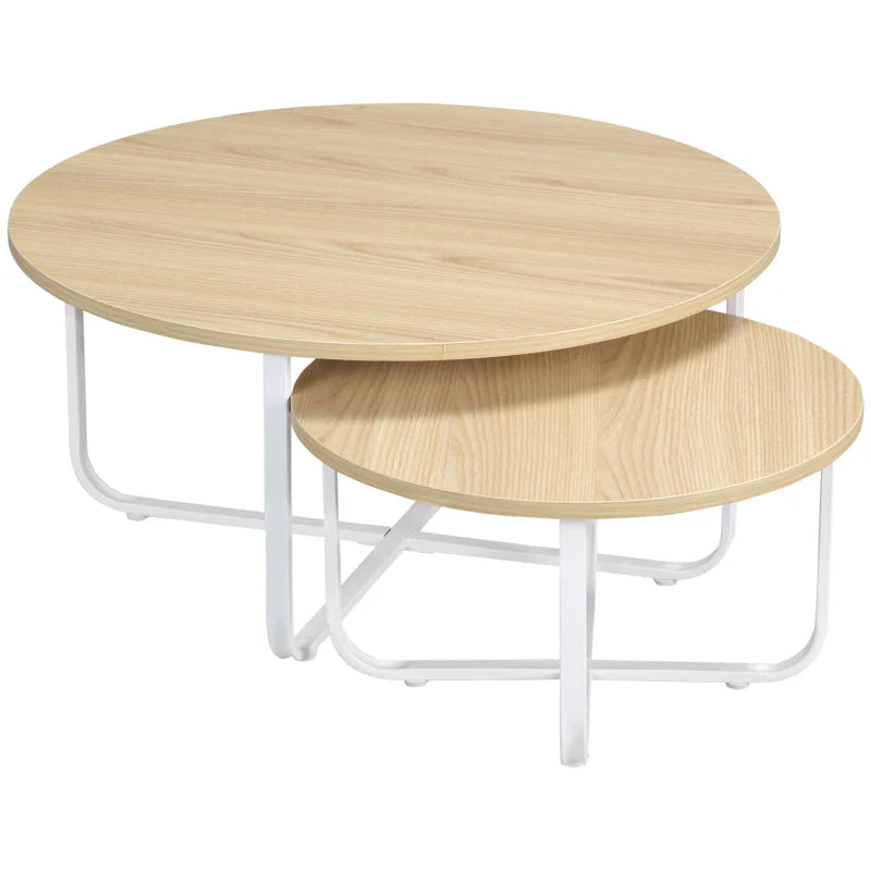 Conjunto de 2 Mesas de Centro Ø65x32cm e Ø45x26cm Mesas de Sala de Estar Redondas com Bancada de Madeira e Pés de Metal para Dormitório Madeira e Branco