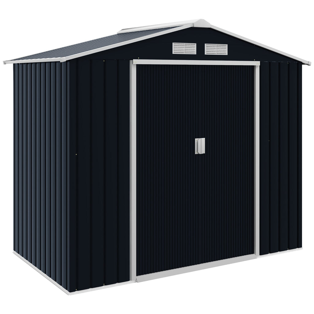 Abrigo de Jardim 213x130x185cm Abrigo de Jardim Metálico de Exterior para Armazenamento de Ferramentas com 2 Portas Deslizantes e 4 Janelas para Terraço Cinza Escuro - A minha loja