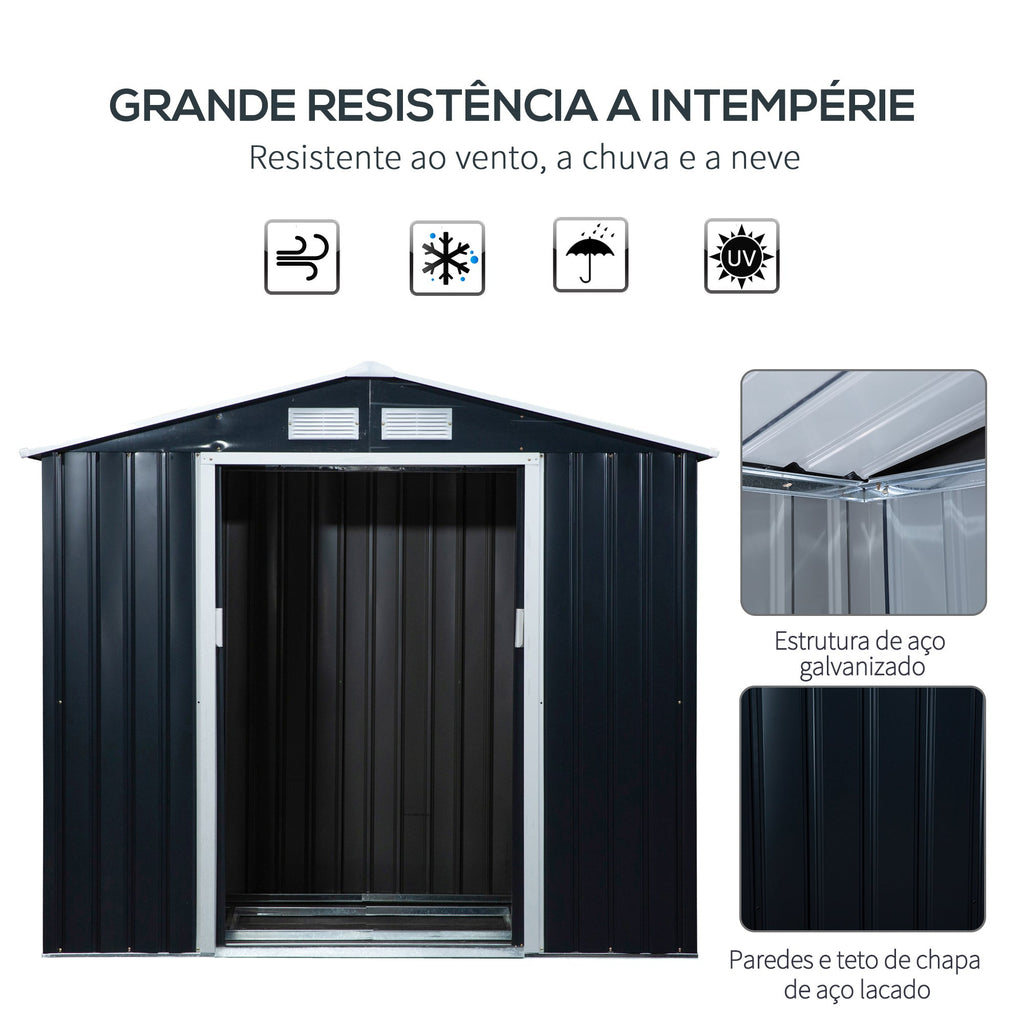 Abrigo de Jardim 213x130x185cm Abrigo de Jardim Metálico de Exterior para Armazenamento de Ferramentas com 2 Portas Deslizantes e 4 Janelas para Terraço Cinza Escuro - A minha loja