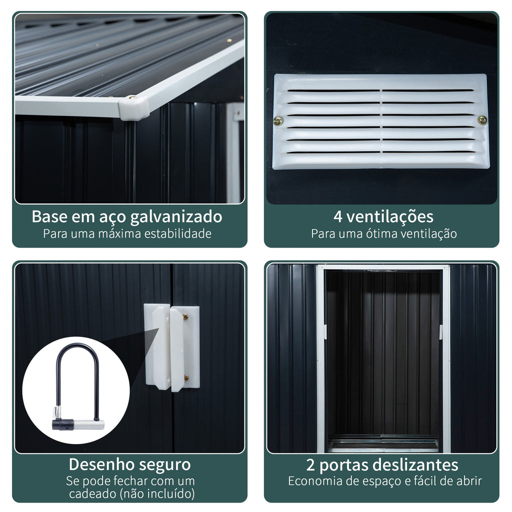 Abrigo de Jardim 213x130x185cm Abrigo de Jardim Metálico de Exterior para Armazenamento de Ferramentas com 2 Portas Deslizantes e 4 Janelas para Terraço Cinza Escuro - A minha loja