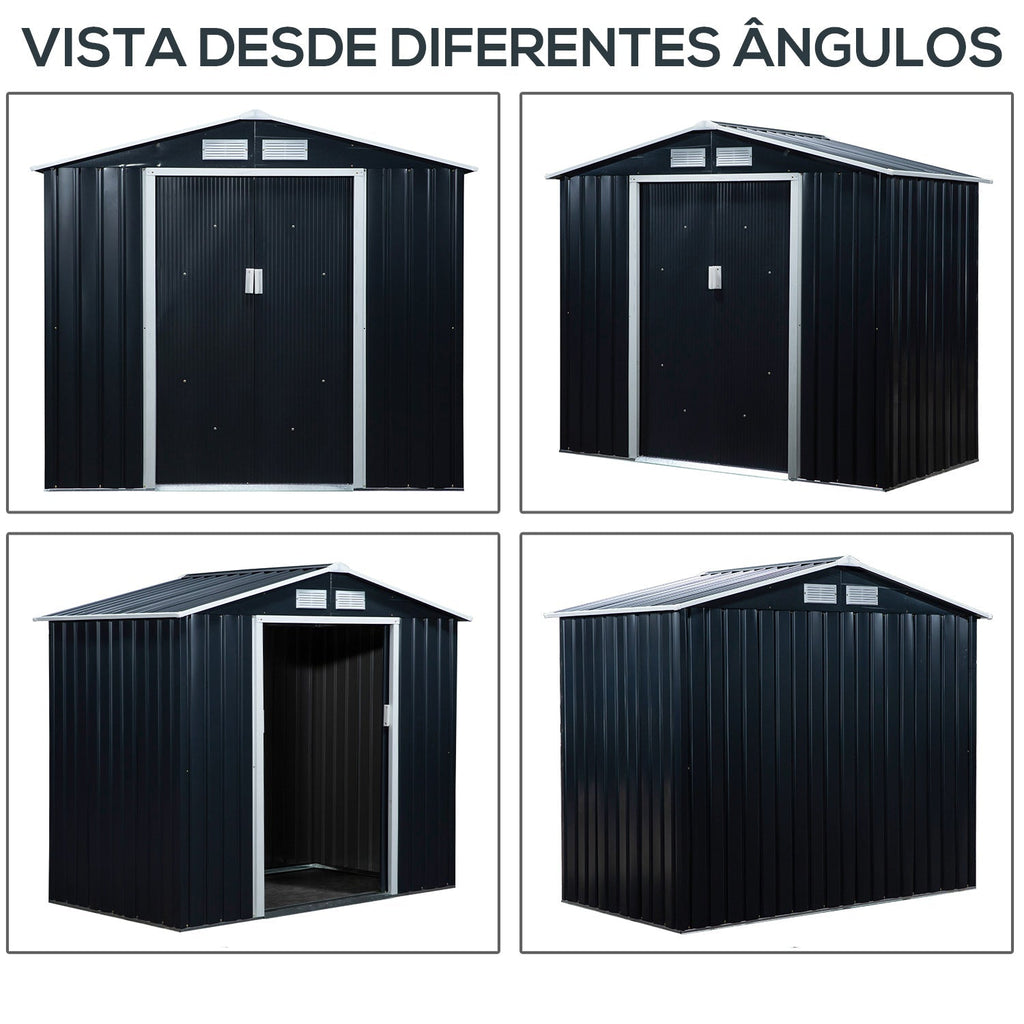 Abrigo de Jardim 213x130x185cm Abrigo de Jardim Metálico de Exterior para Armazenamento de Ferramentas com 2 Portas Deslizantes e 4 Janelas para Terraço Cinza Escuro - A minha loja