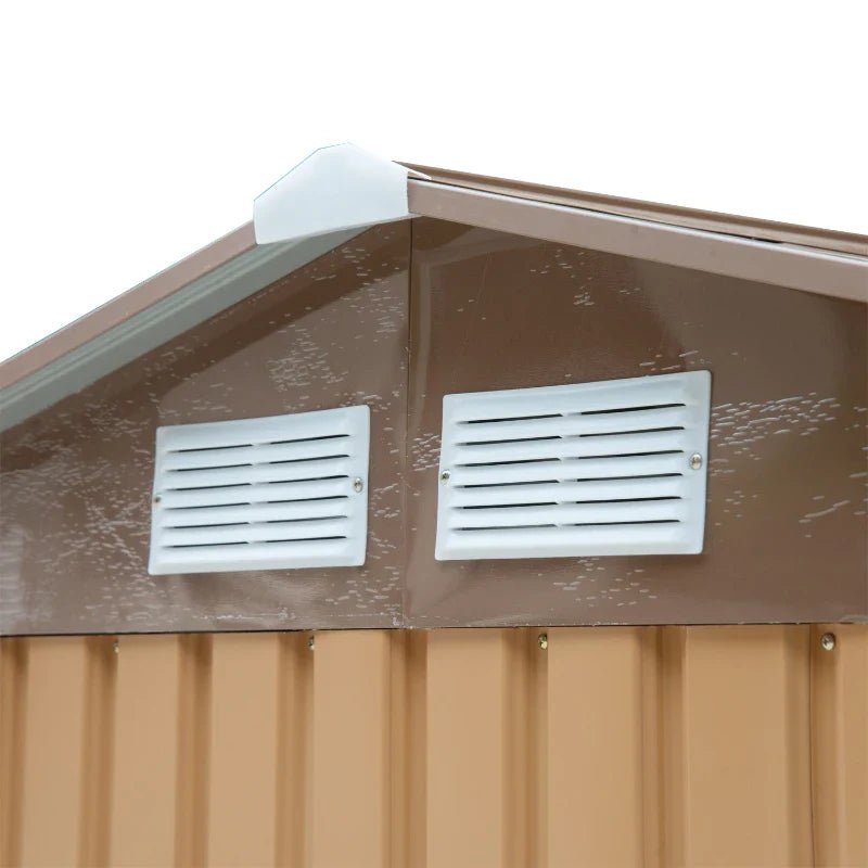 Abrigo de Jardim 213x130x185cm Abrigo de Jardim Metálico de Exterior para Armazenamento de Ferramentas com 2 Portas Deslizantes e 4 Janelas para Terraço Marrom Claro - A minha loja