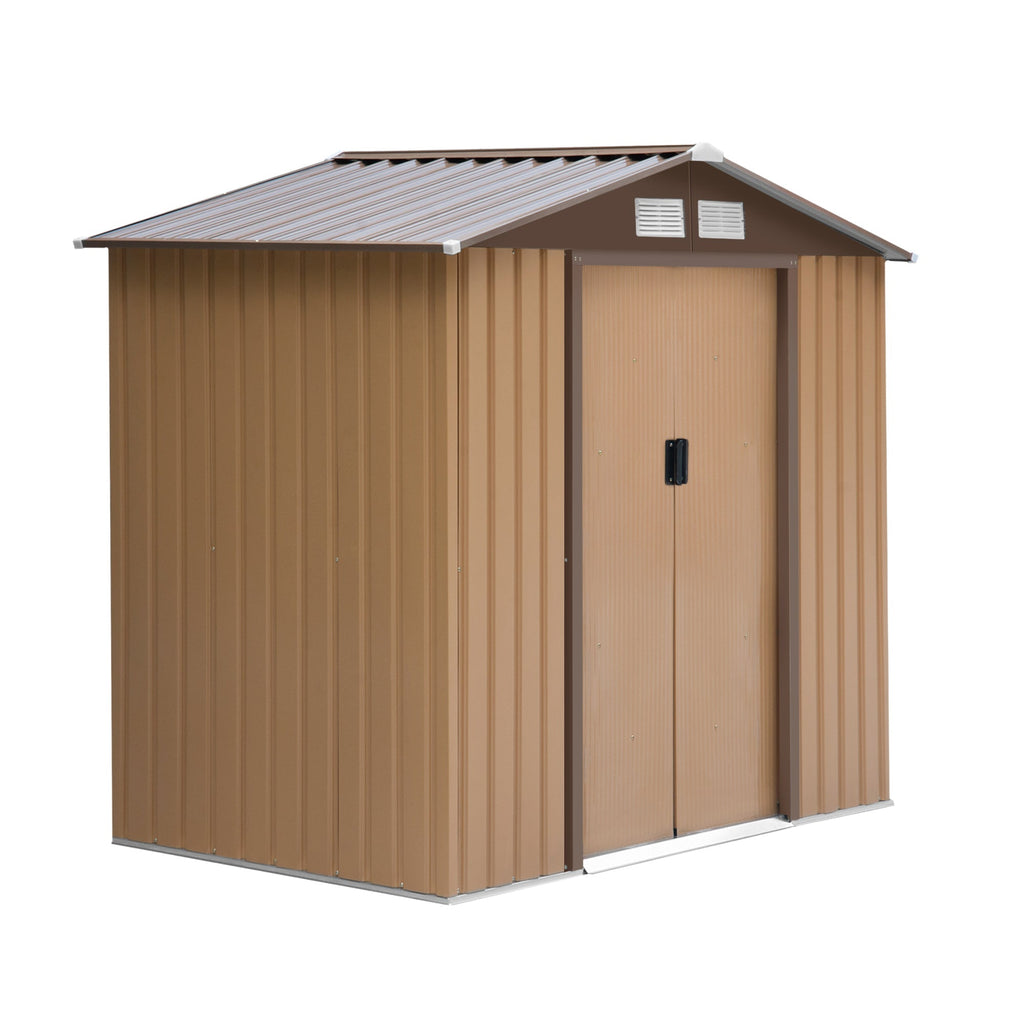 Abrigo de Jardim 213x130x185cm Abrigo de Jardim Metálico de Exterior para Armazenamento de Ferramentas com 2 Portas Deslizantes e 4 Janelas para Terraço Marrom Claro - A minha loja