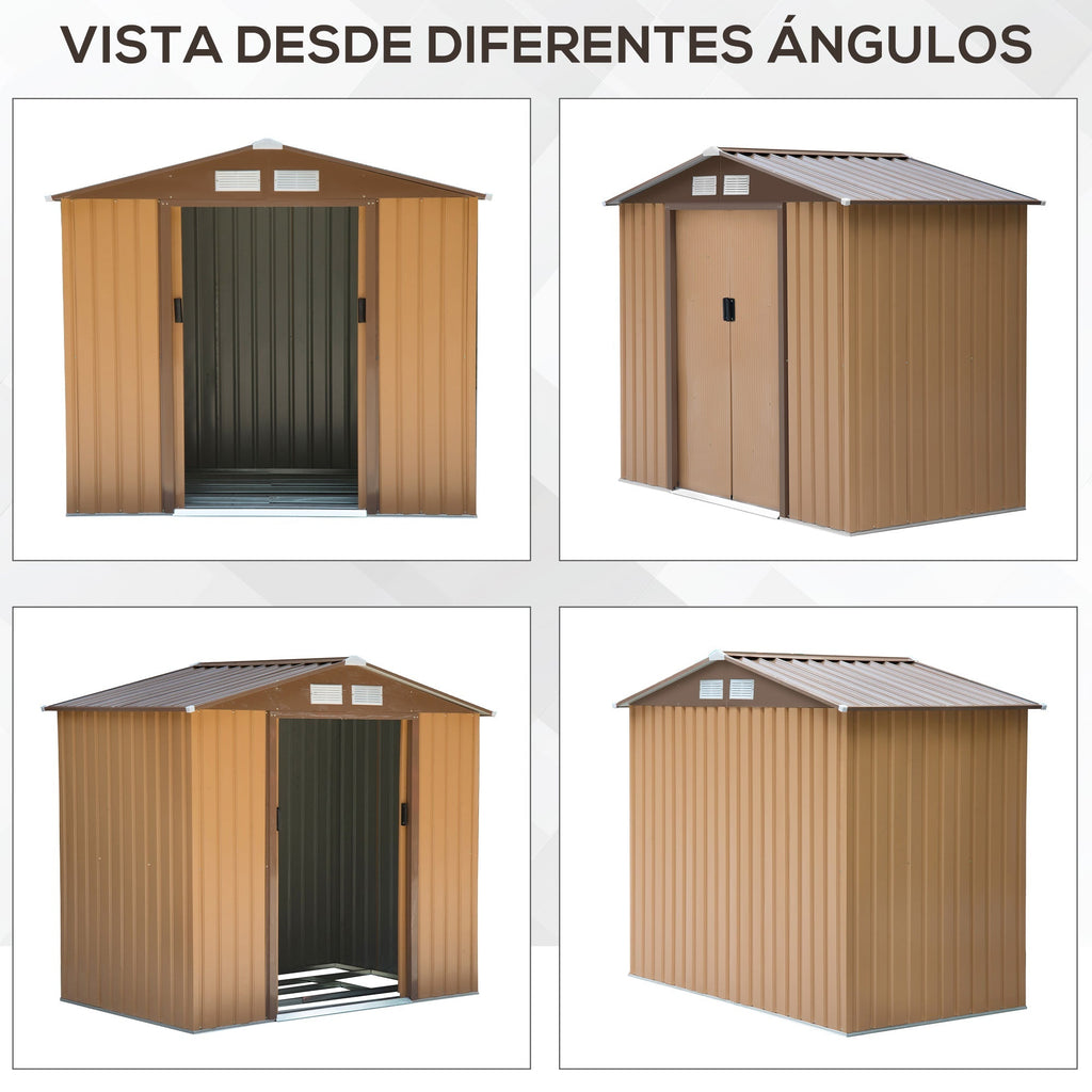 Abrigo de Jardim 213x130x185cm Abrigo de Jardim Metálico de Exterior para Armazenamento de Ferramentas com 2 Portas Deslizantes e 4 Janelas para Terraço Marrom Claro - A minha loja