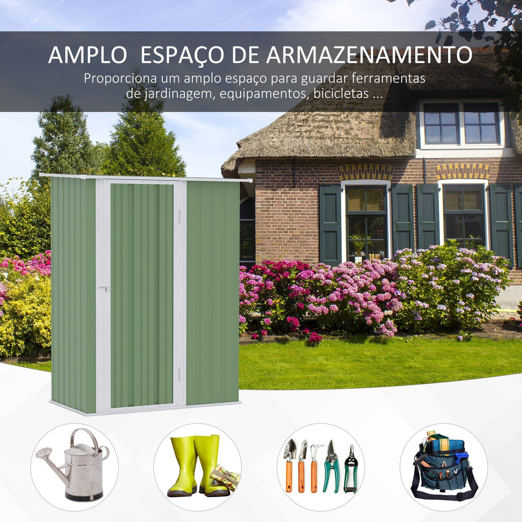 Abrigo de Jardim Metálico – 142x84x189 cm – 1,07 m² – Aço Galvanizado com Teto Inclinado e Porta – Verde Claro - A minha loja