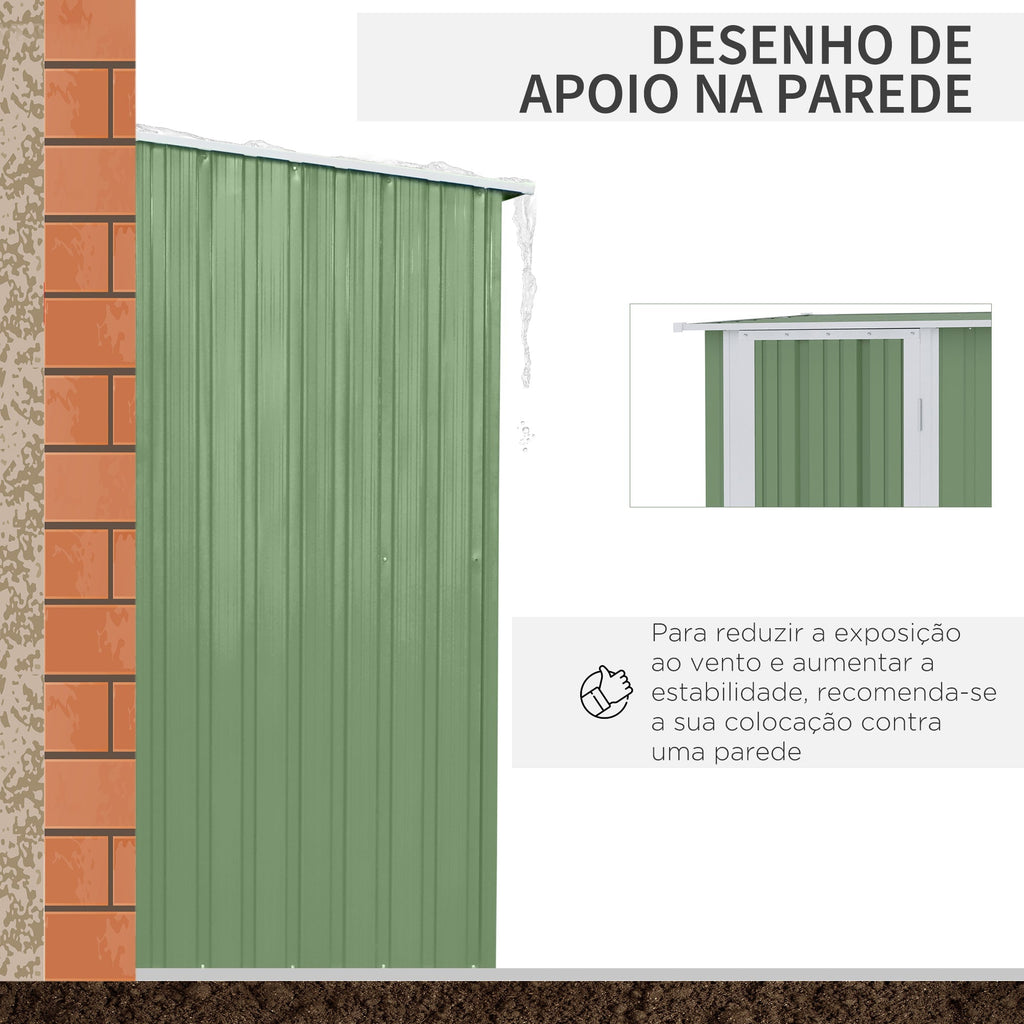 Abrigo de Jardim Metálico – 142x84x189 cm – 1,07 m² – Aço Galvanizado com Teto Inclinado e Porta – Verde Claro - A minha loja