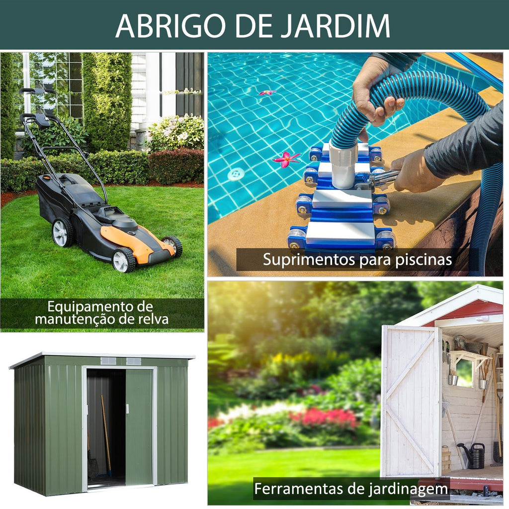 Abrigo de Jardim Metálico – 213x130x173 cm – Com Porta de Correr, Ventilações e Estrutura Resistente – Verde Claro - A minha loja