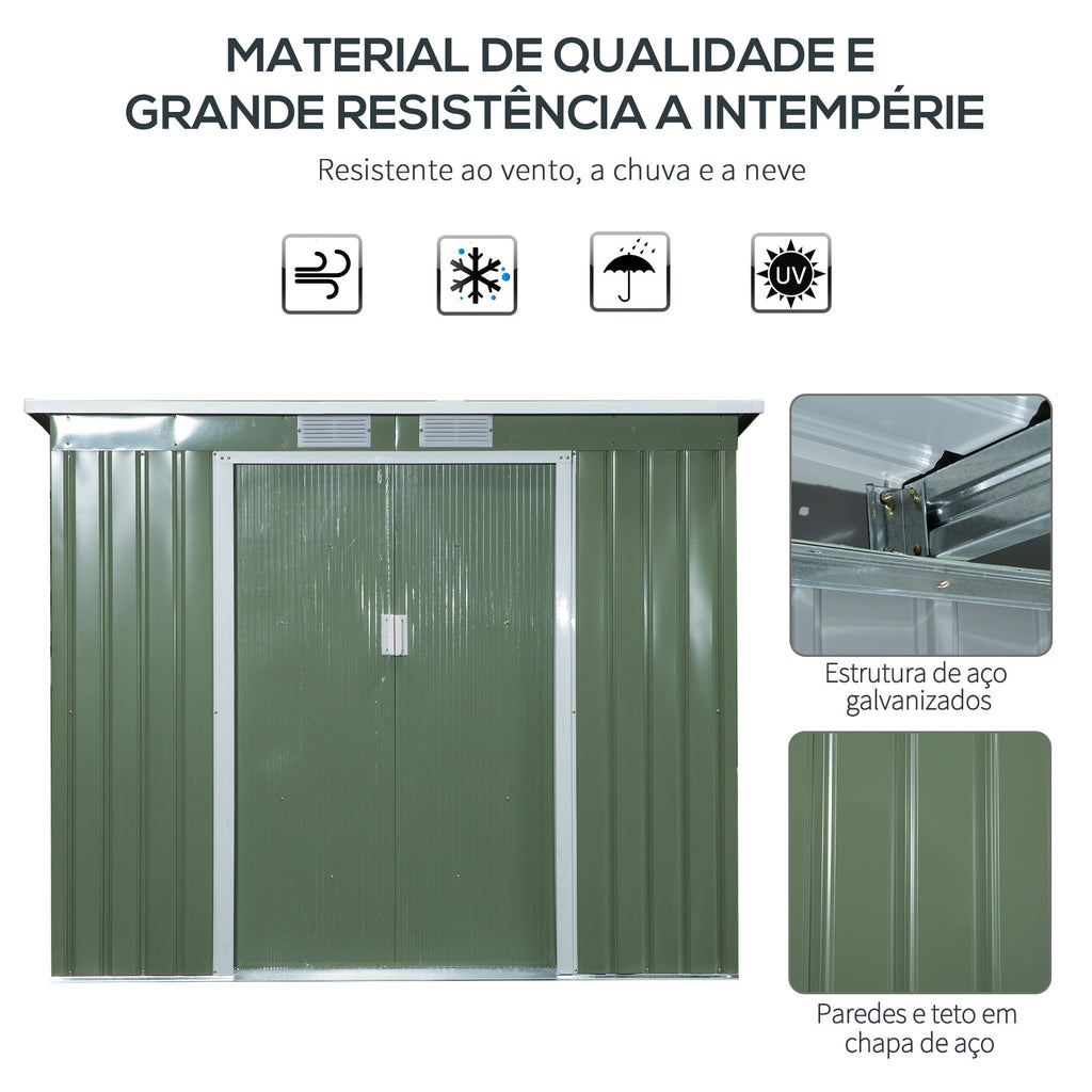 Abrigo de Jardim Metálico – 213x130x173 cm – Com Porta de Correr, Ventilações e Estrutura Resistente – Verde Claro - A minha loja