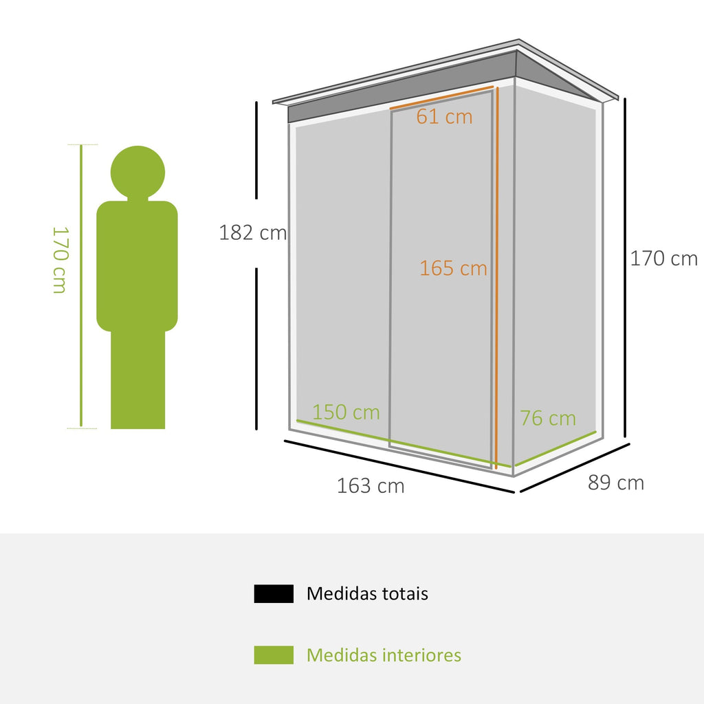 Abrigo Metálico para Jardim – 1,5 m² – 163x89x182 cm – Estrutura em Aço Galvanizado com Porta de Correr e Teto Inclinado – Preto - A minha loja