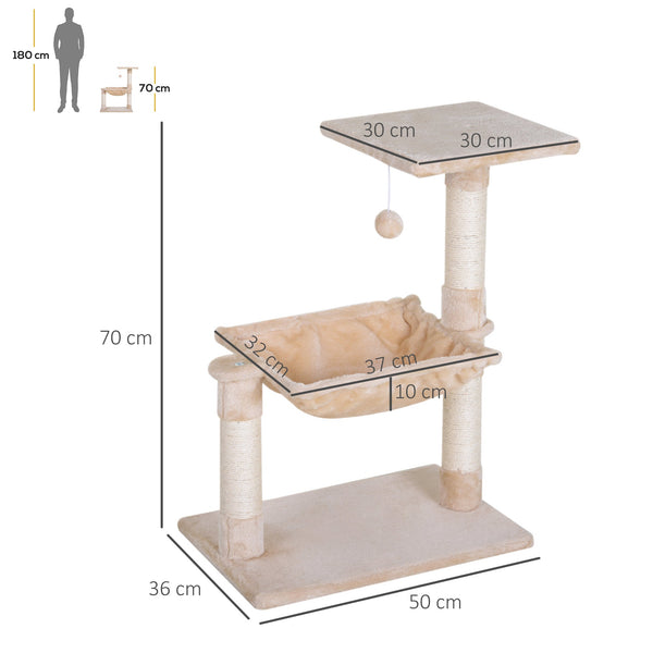 PawHut Árvore Arranhador para Gatos Torre para Gatos 50x36x70 cm Centro de Atividades com Rede Plataforma Poste de Sisal e Bola Suspensa Bege
