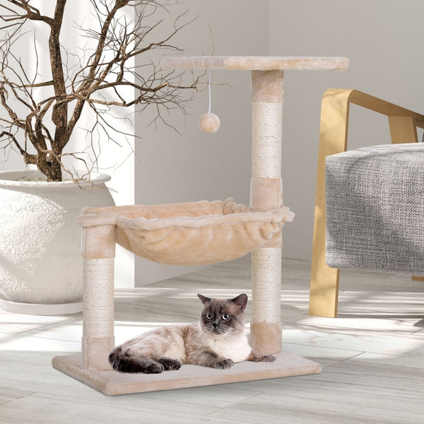 PawHut Árvore Arranhador para Gatos Torre para Gatos 50x36x70 cm Centro de Atividades com Rede Plataforma Poste de Sisal e Bola Suspensa Bege