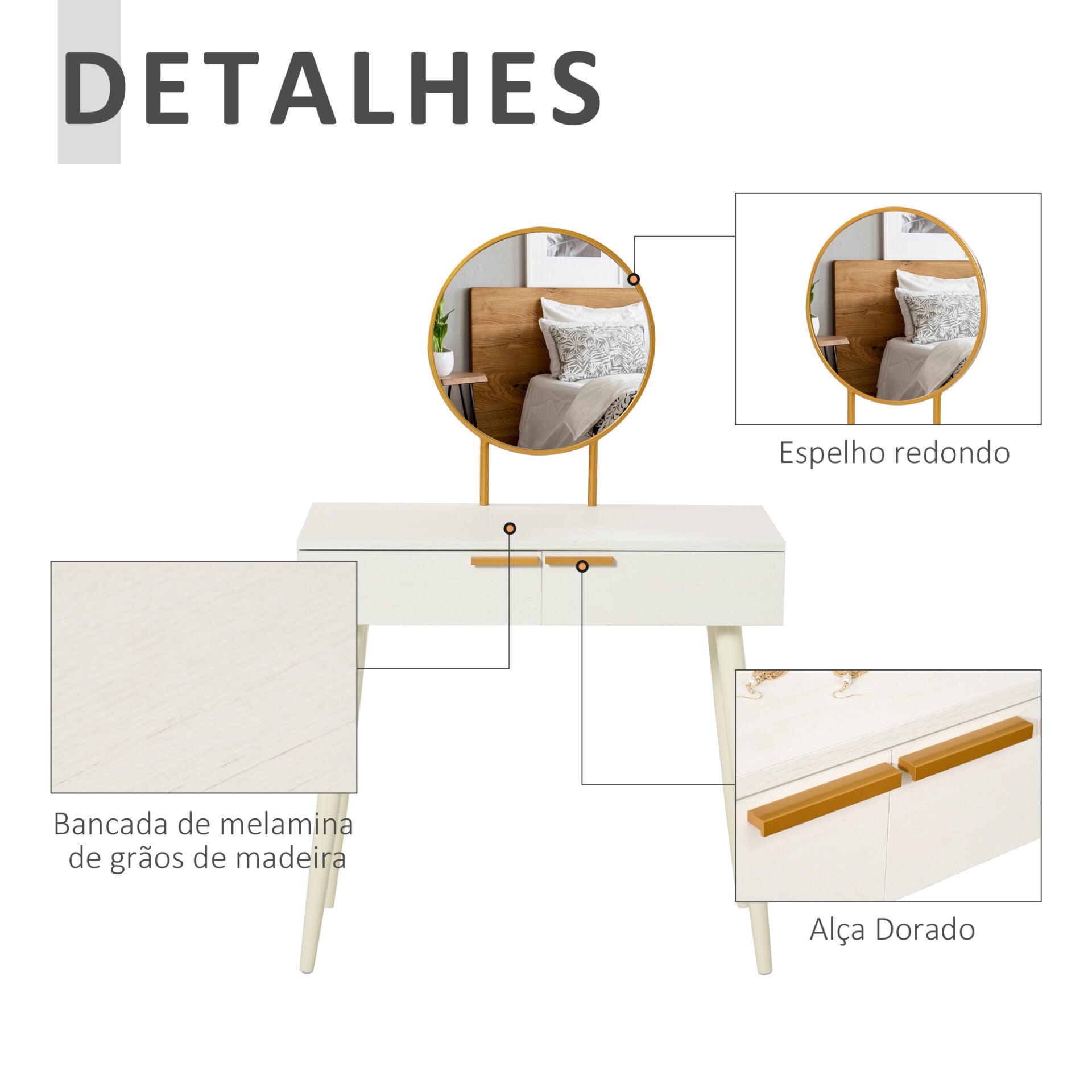 Toucador com Espelho Redondo Mesa de Maquilhagem com 2 Gavetas Estilo Moderno para Dormitório 80x40x123cm Branco