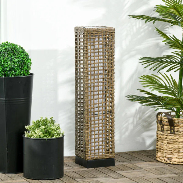Candeeiro de Jardim de Vime Sintético Candeeiro Solar de Exterior com Luzes LED Ligar/Desligar Automático para Varanda Pátio 15,5x15,5x69cm Marrom Areia