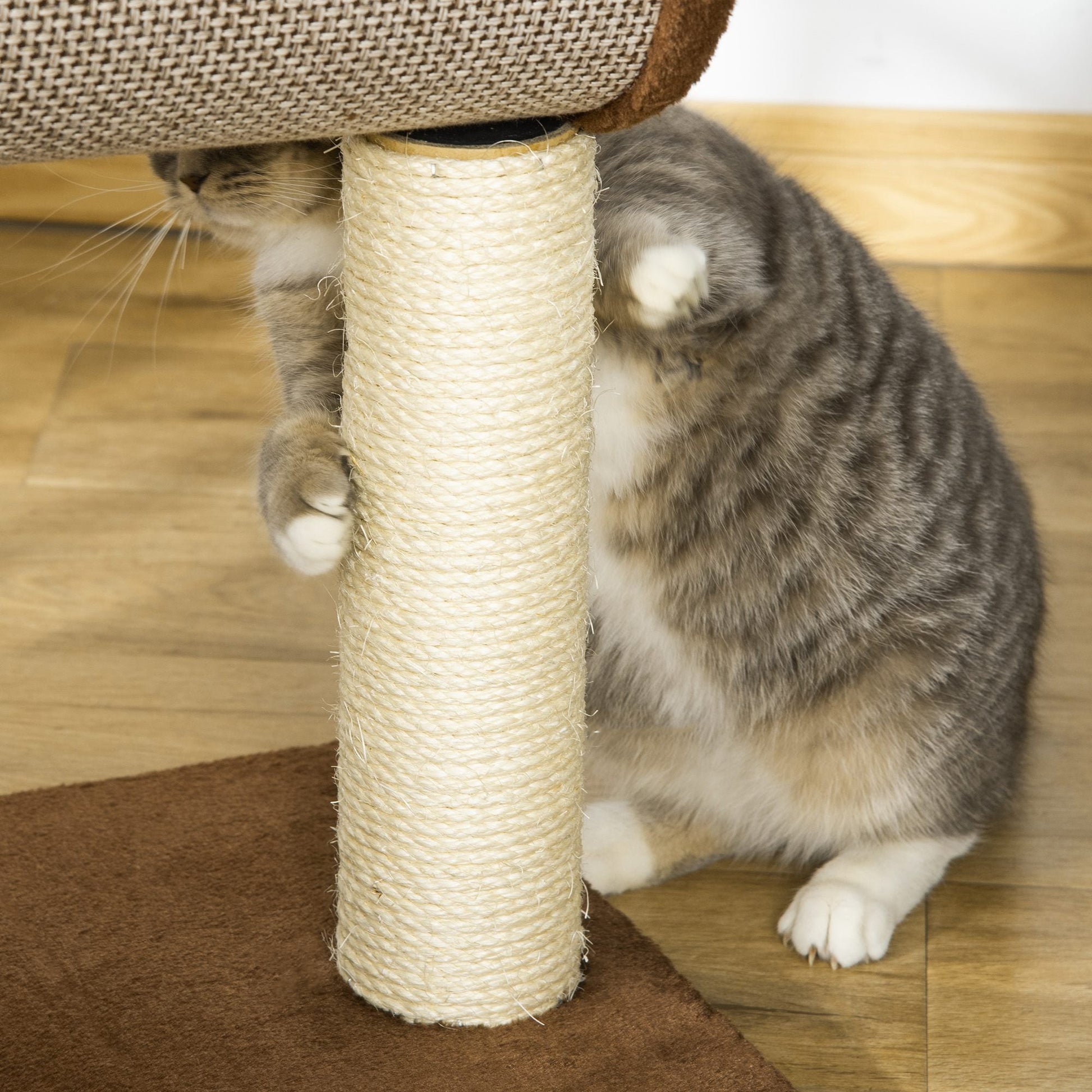 PawHut Árvore Arranhador para Gatos Médios Altura 104cm Torre de Escalada para Gatos com Barril Arranhador Plataforma Superior Túnel Poste de Sisal e Bola Suspensa 75x39x104cm Marrom