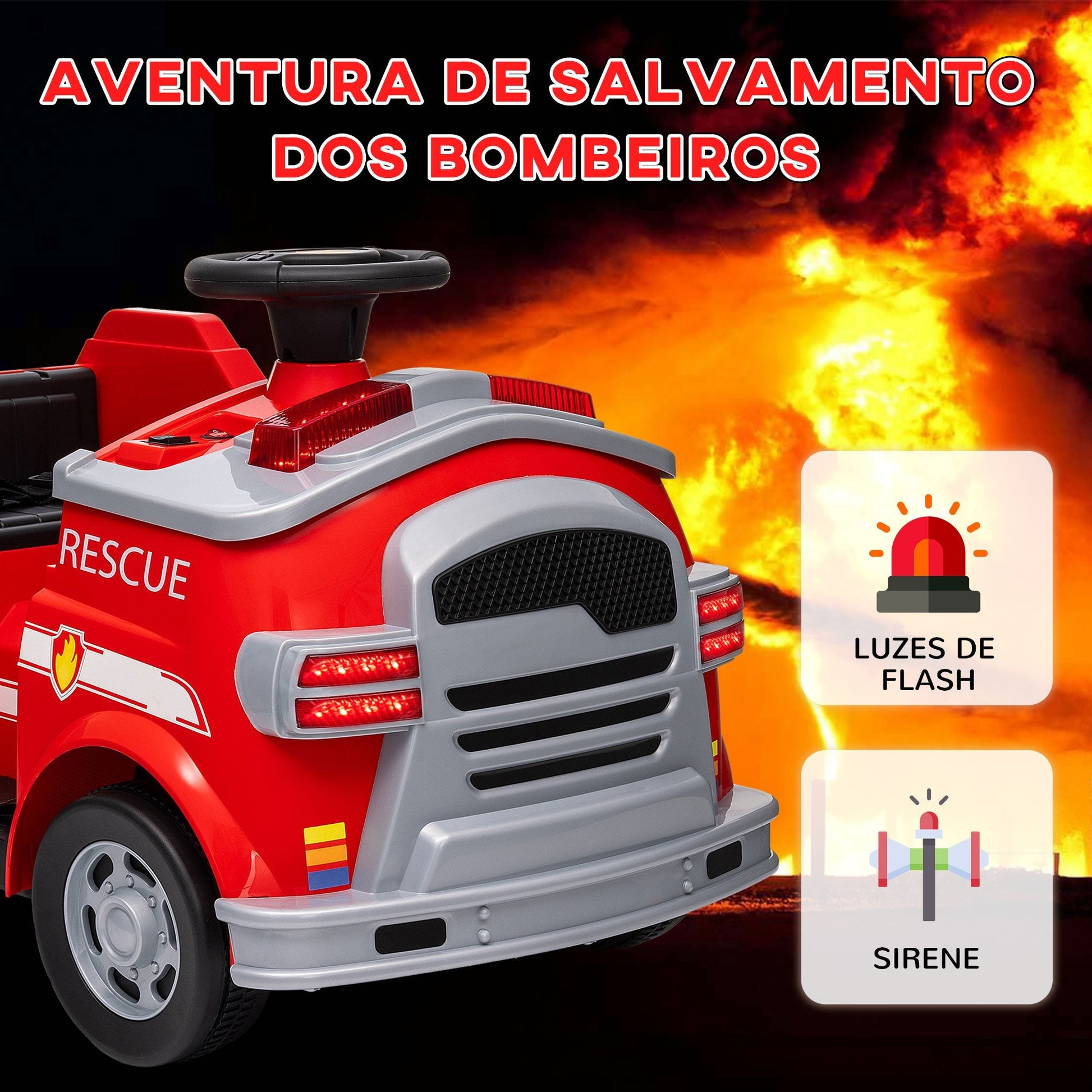 AIYAPLAY Carro Elétrico para Crianças acima de 3 Anos Caminhão de Bombeiros Elétrico para Crianças com Bateria de 12V Sirene Faróis Buzina e Música 86x49x52 cm Vermelho - A minha loja