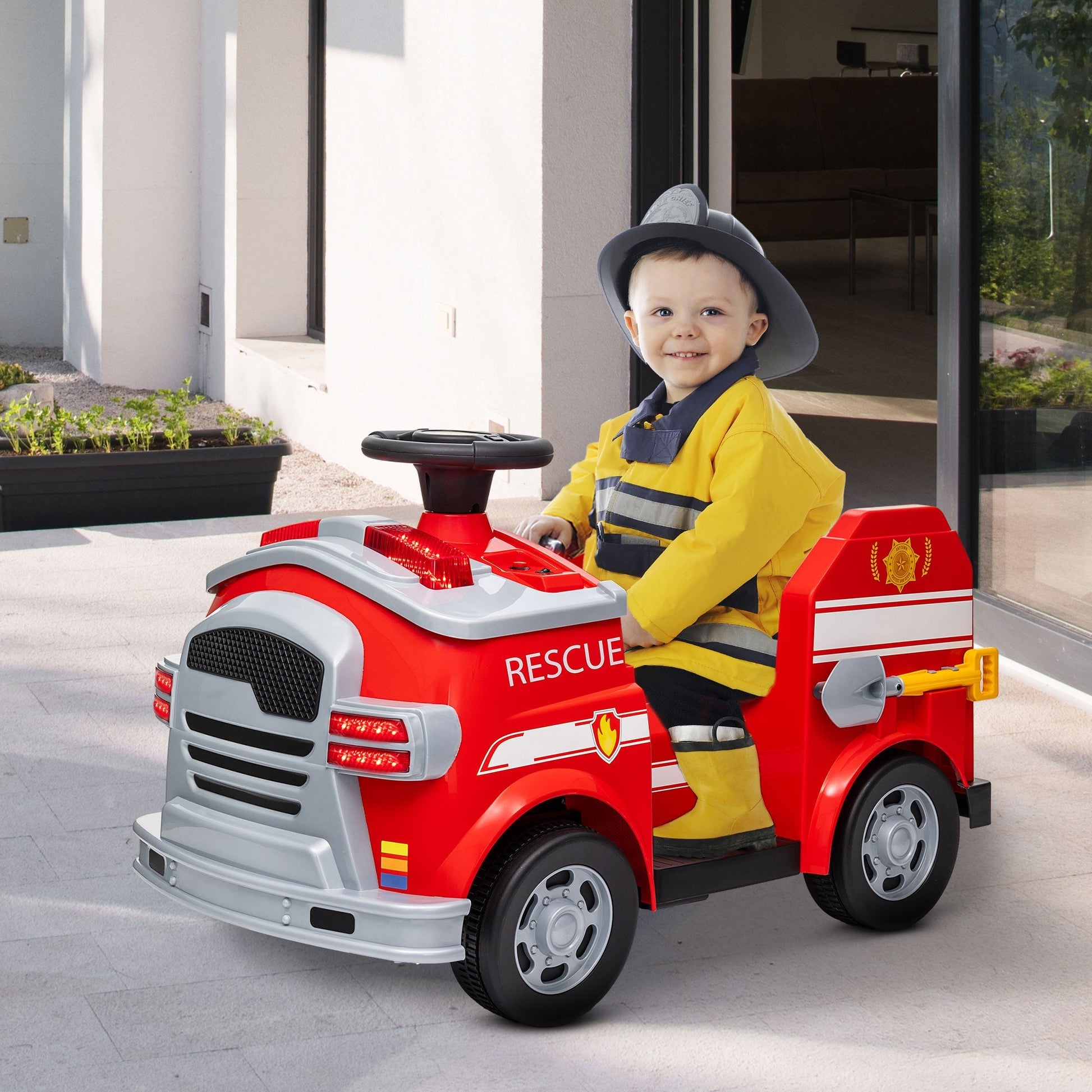 AIYAPLAY Carro Elétrico para Crianças acima de 3 Anos Caminhão de Bombeiros Elétrico para Crianças com Bateria de 12V Sirene Faróis Buzina e Música 86x49x52 cm Vermelho - A minha loja
